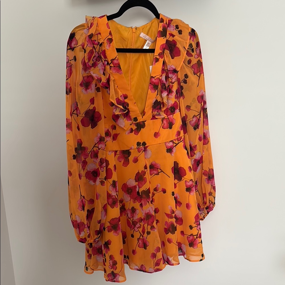 Anthropologie Orange Plunge Bishop Sleeve Sundress